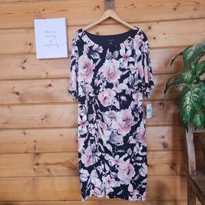 Connected Apparel NWT Navy Mauve Floral Faux Wrap Sheath Dress Stretch Plus 24 W